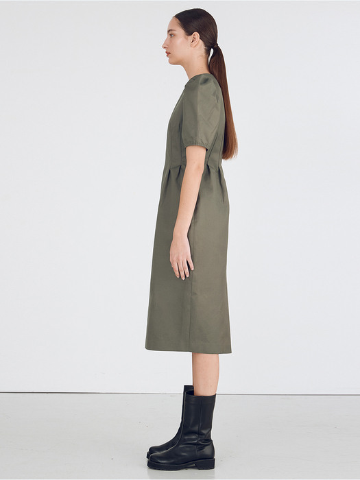 Cotton Puff sleeve Dress_Khaki