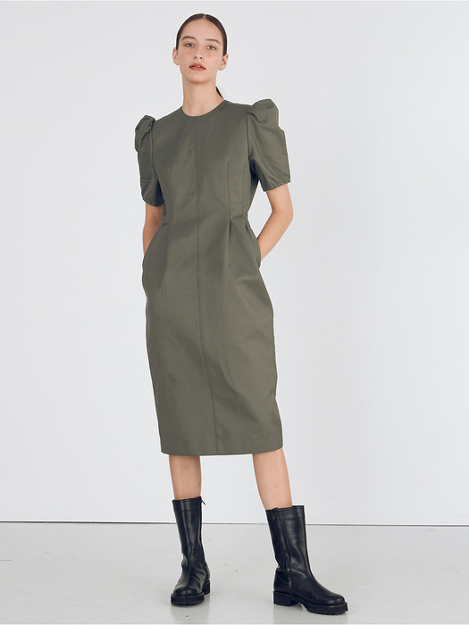 Cotton Puff sleeve Dress_Khaki