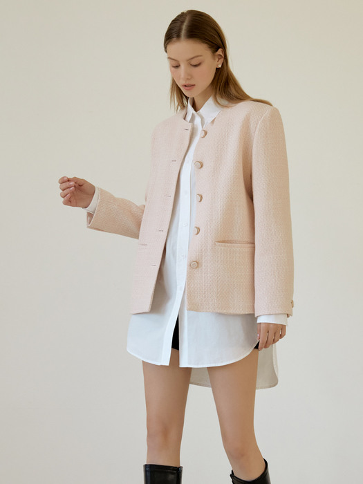 Non-collar tweed jacket (pink)