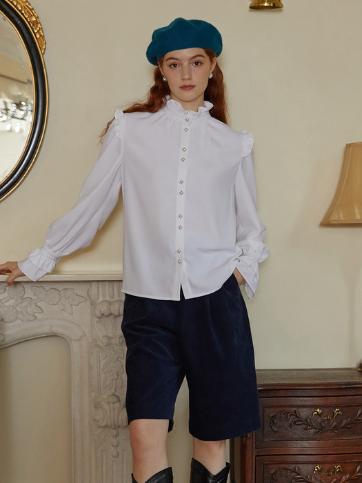 WHITE FRILL PEARL BLOUSE