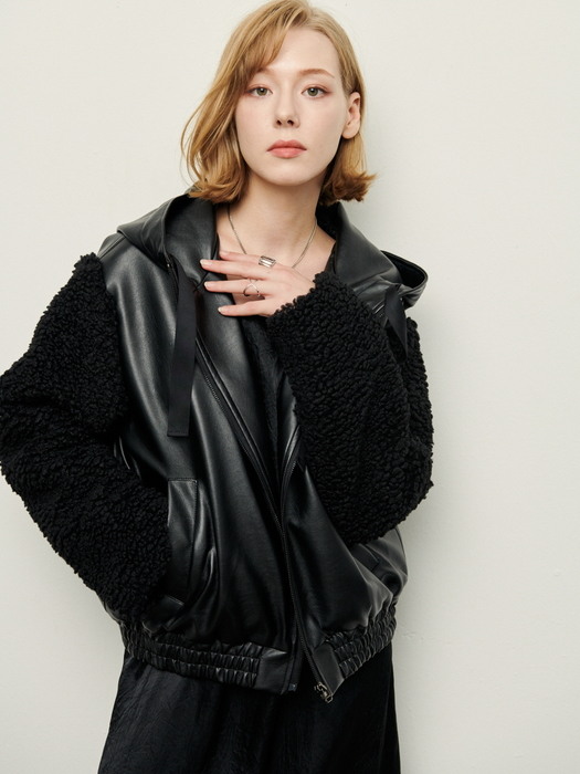 Shearing sleeve Leather blouson-Black