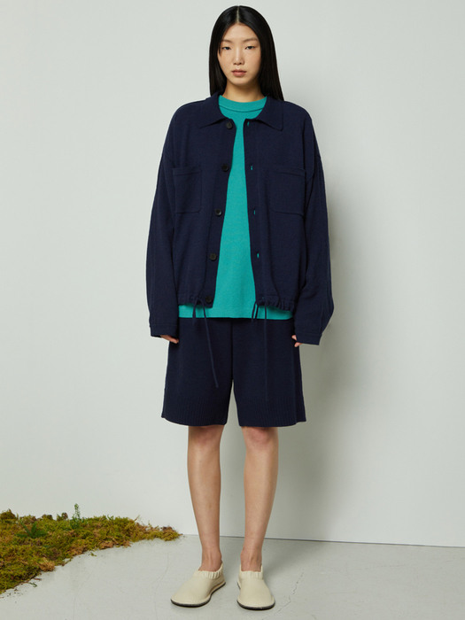 [SET] French linen cotton boucle coach jacket / half-pants_Navy