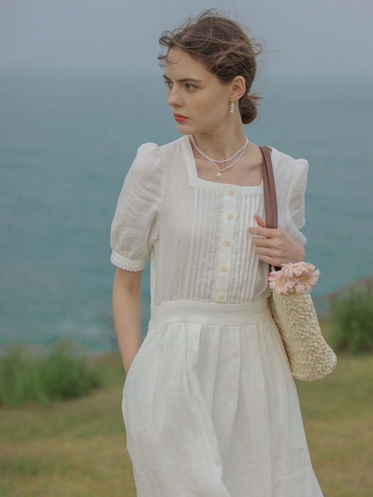 ELISE square neck linen dress_white