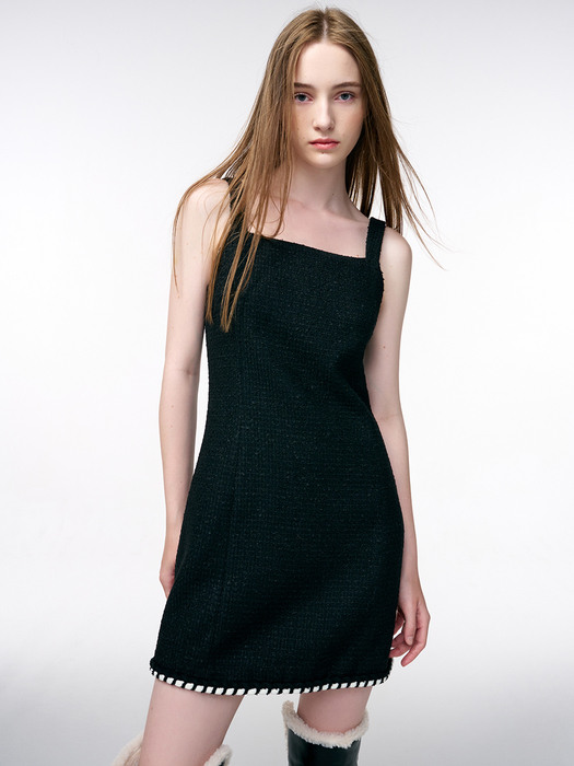 Trimmed Tweed Mini Dress, Black