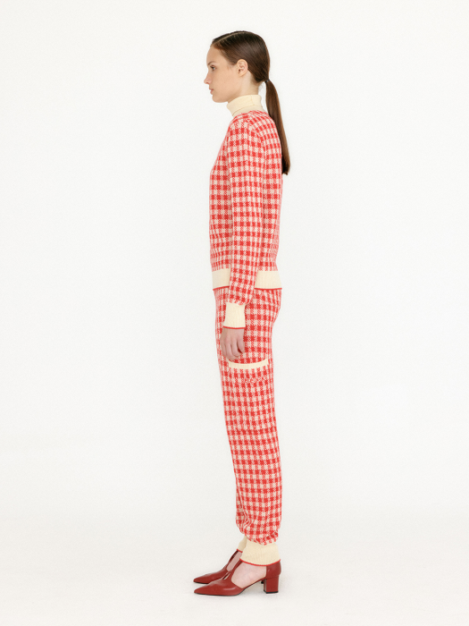VEMI Gingham Check Knit Jogger Pants - Red/Ivory
