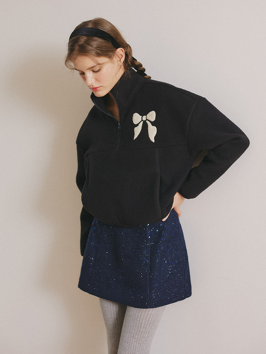 RIBBON FLEECE HALF ZIP-UP_BLACK