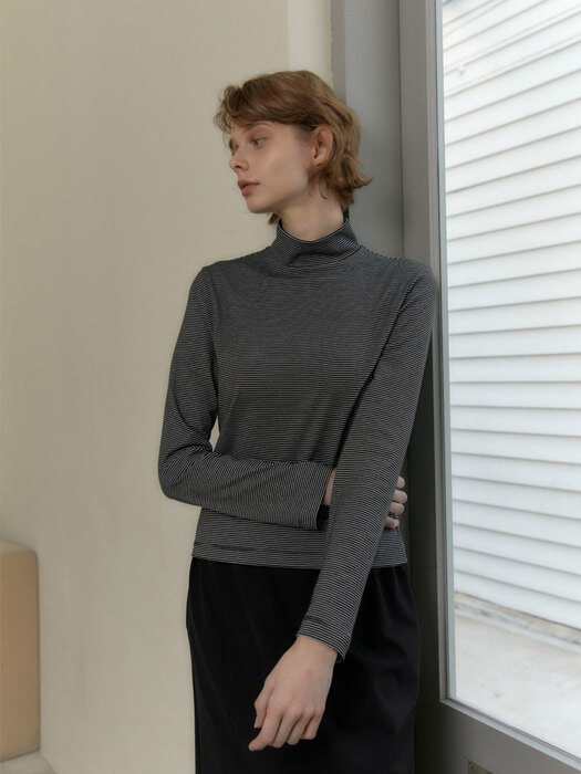 Slim Stripe Turtleneck Top (Black)