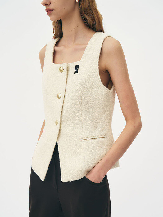 Single square wool boucle-tweed vest (Ivory)
