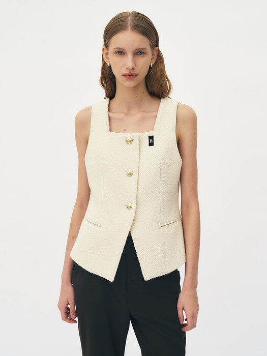 Single square wool boucle-tweed vest (Ivory)