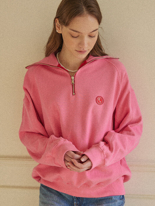 Rose Wappen Rib Block Half Zip-up Sweatshirt - Pink