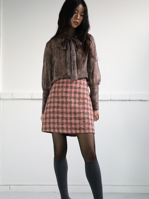 Gingham Tweed A Line Skirt_Pink