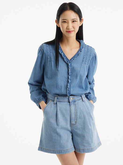 UP-393 핀턱 셔링 데님블라우스_PIN TUCK SHIRRING DENIM BLOUSE BLUE