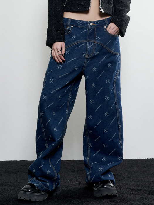 Curved Wide Denim Pants (DEEP BLUE)