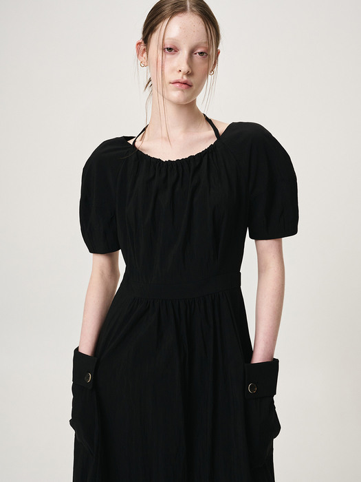 Neck String Pocket Dress, Black
