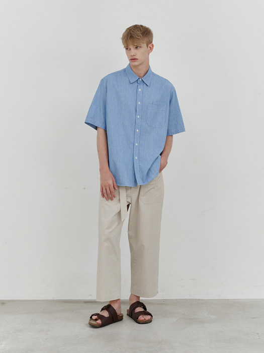 Linen denim double pocket 1/2 shirt (light blue)