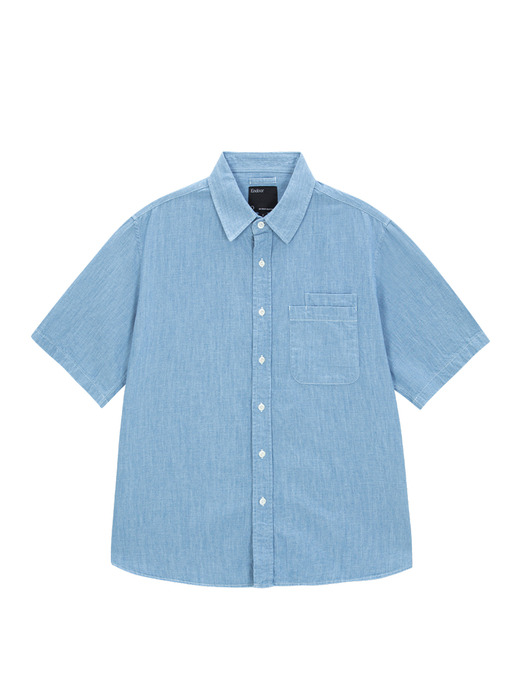 Linen denim double pocket 1/2 shirt (light blue)