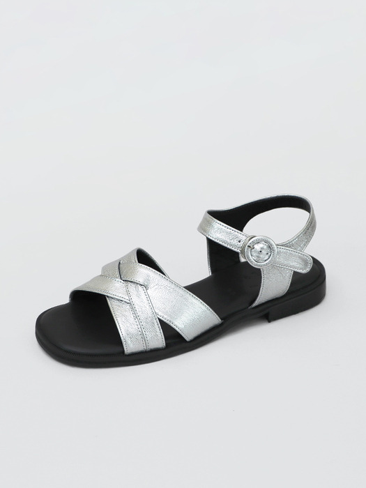 Shiny Leather Crossover Sandals . Silver