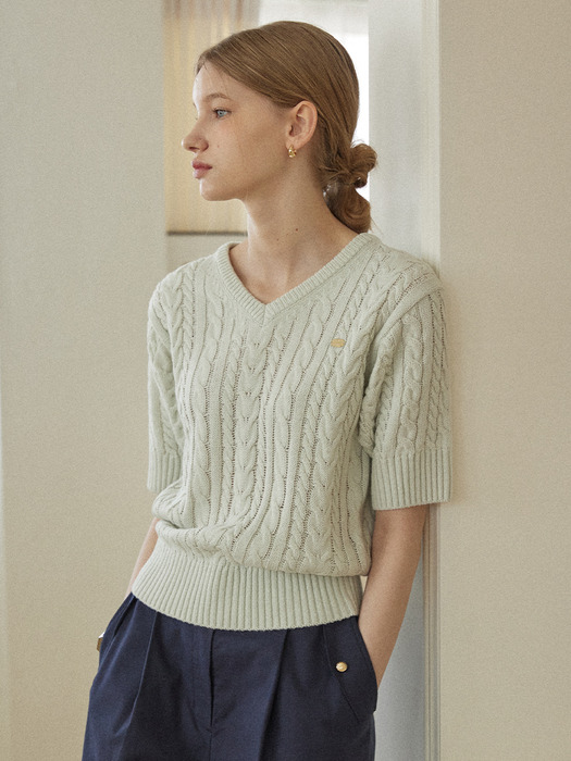 V-neck Cable Half Sleeve Knit - Moss Green