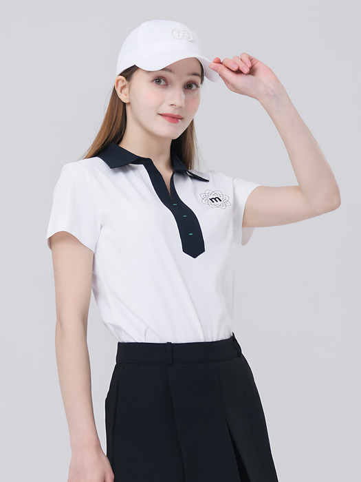 23SS 배색 셔츠 카라 오픈넥 기능성 소재 화이트 반팔 티셔츠