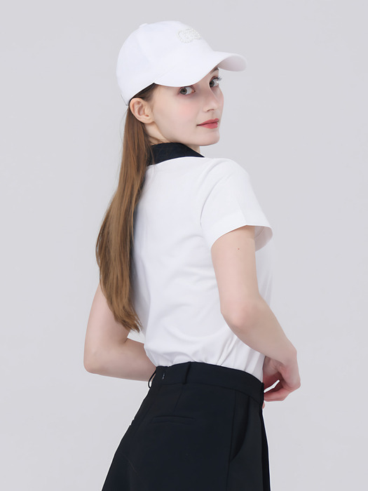 23SS 배색 셔츠 카라 오픈넥 기능성 소재 화이트 반팔 티셔츠
