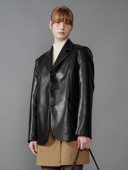 Leather Overfit Jacket in Black VL3AJ041-10