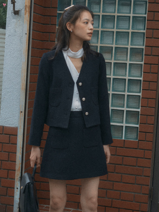 Collarless ourora tweed jacket_Black