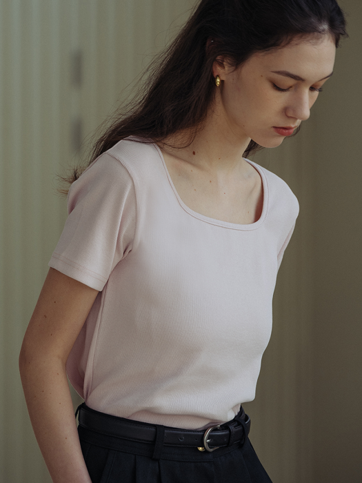 Square ribbed cotton T-shirt(Pink)
