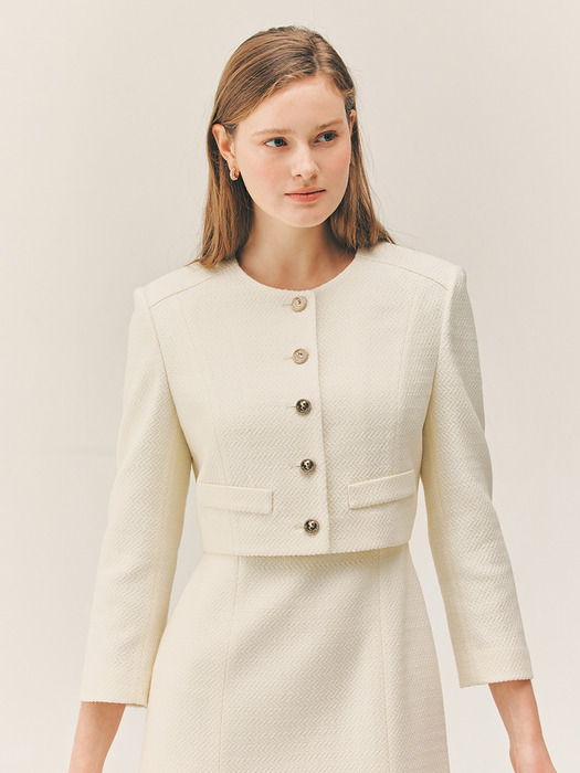 RILEY Round neck tweed short jacket (Ivory/Black)