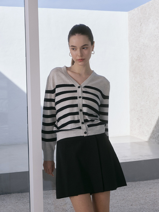 Wool 100% stripe horn button cardigan - Melange gray