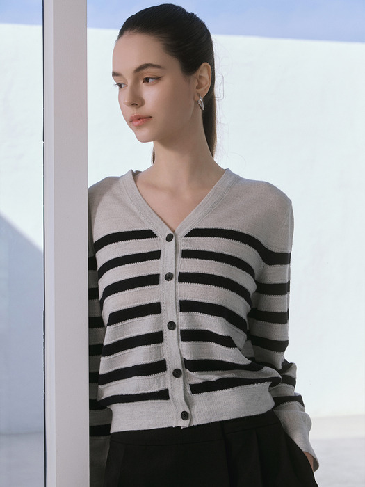 Wool 100% stripe horn button cardigan - Melange gray