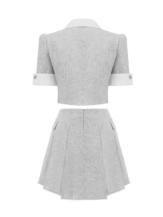 [SET] Cuffs Tweed Jacket & Tweed Pleats Skirt (Light Gray)