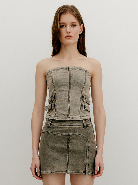 BELTED DENIM TUBE TOP - TURNUP GRAY