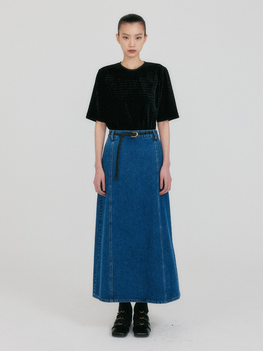 ZANIA Belted Maxi Denim Skirt - Blue