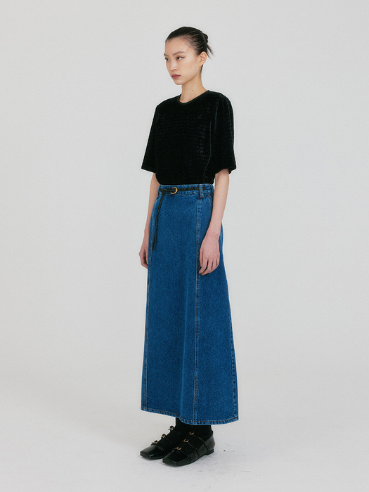 ZANIA Belted Maxi Denim Skirt - Blue