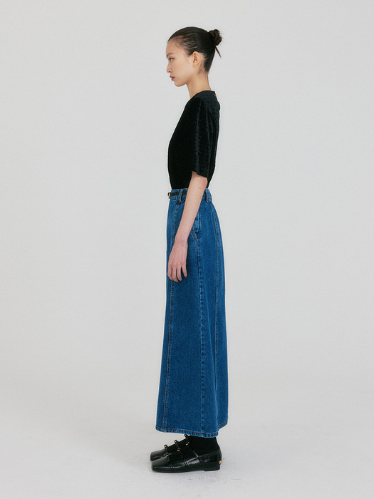 ZANIA Belted Maxi Denim Skirt - Blue