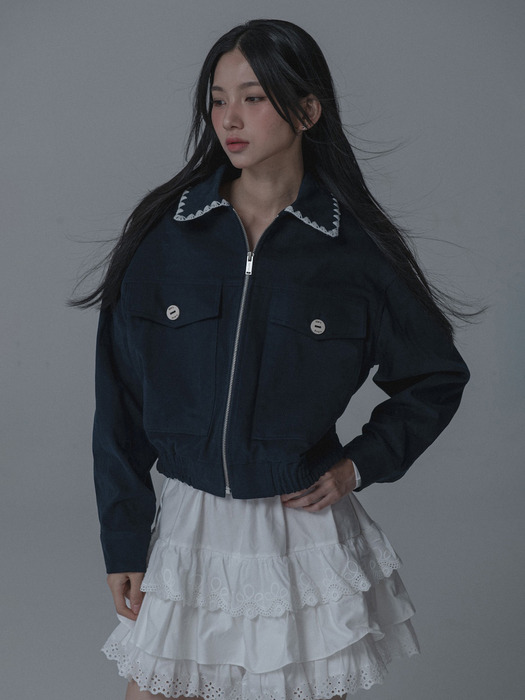 KARA NEEDLEWORK POCKET JACKET_NAVY