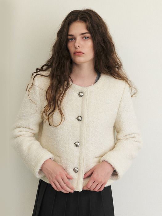 Trimmed Tweed Fur Jacket, Ivory