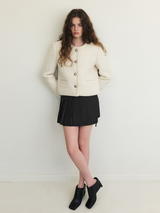 Trimmed Tweed Fur Jacket, Ivory