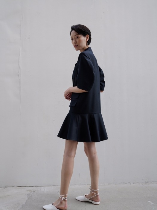 BALLOON SLEEVE DRESS _ NAVY