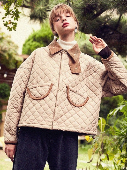 Beige Quilted Jacket with unbalanced Pocket