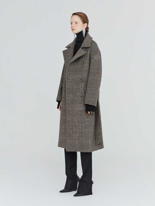 19FW OVERSIZED CHECK DOUBLE-FACED WOOL COAT - DARK BROWN CHECK