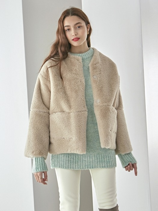 NO COLLAR FUR HALF JACKET_BEIGE