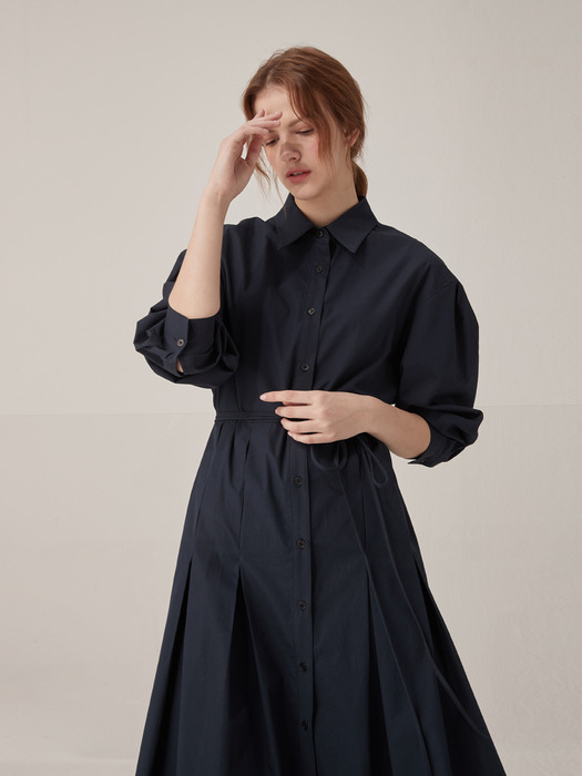 Volume sleeve cotton shirts dress - Navy