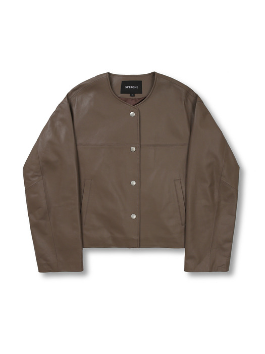 LAMBSKIM NON COLLAR JACKET (KHAKI BROWN)