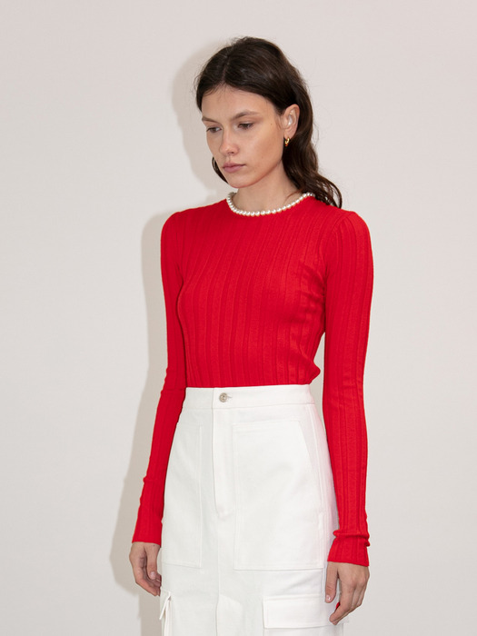 PEARL ROUND-NECK RIB KNIT PULLOVER(RED)