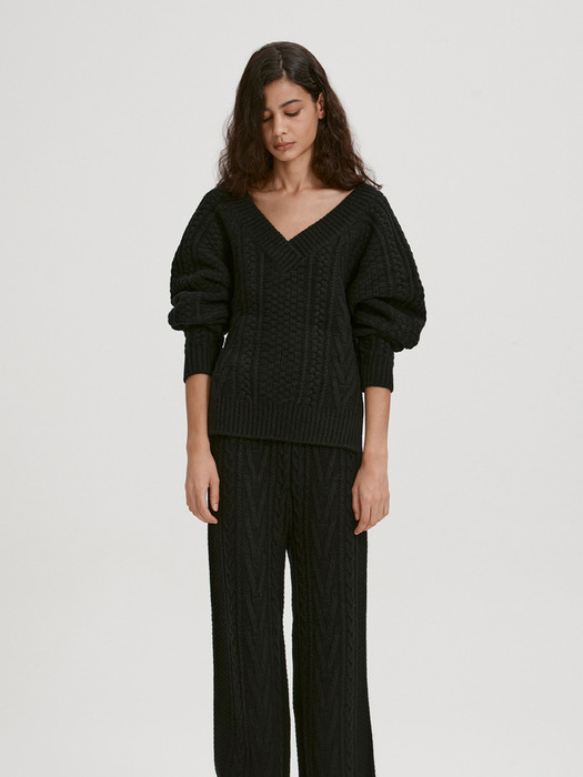 CABLE KNIT WOOL TROUSERS (BLACK)
