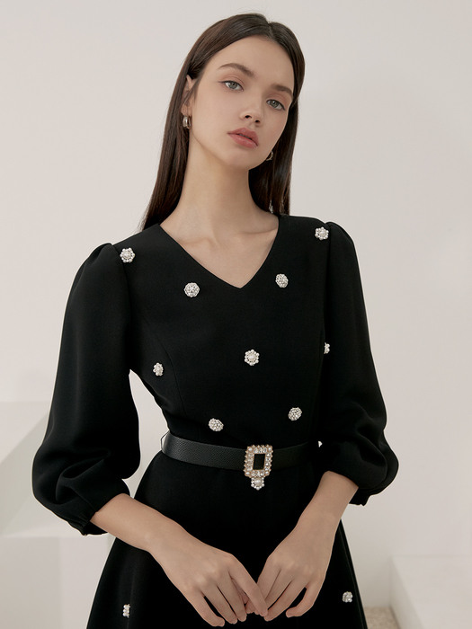 SAMANTHA / jewel beading volume sleeve mini dress(black)