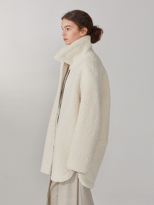 MOUTON Faux-Shearing Reversible MIDDLE Mustang Coat_Ecru Ivory