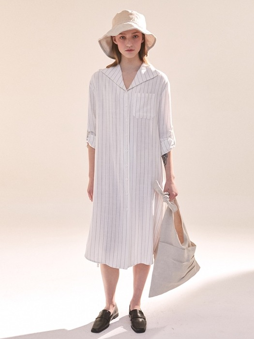 Linen Stripe Collar Shirt Dress - White