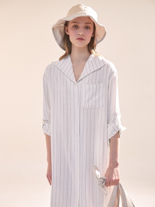 Linen Stripe Collar Shirt Dress - White
